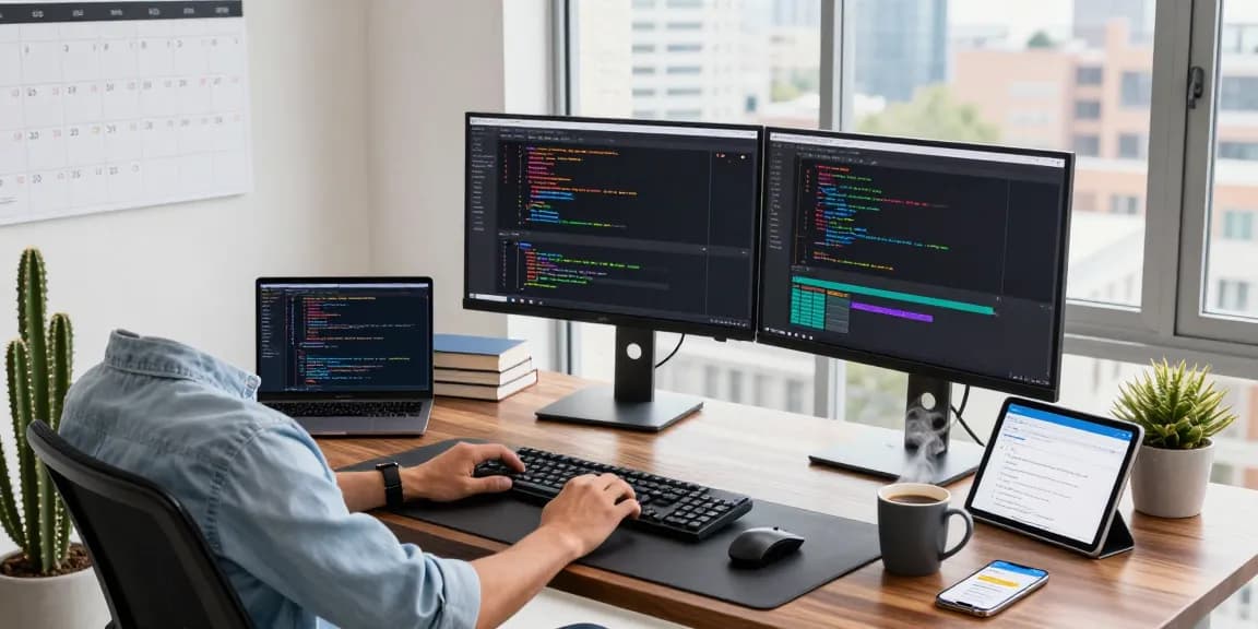 Professional software development workspace highlighting the WPS Official Website with coding monitors and tech tools.