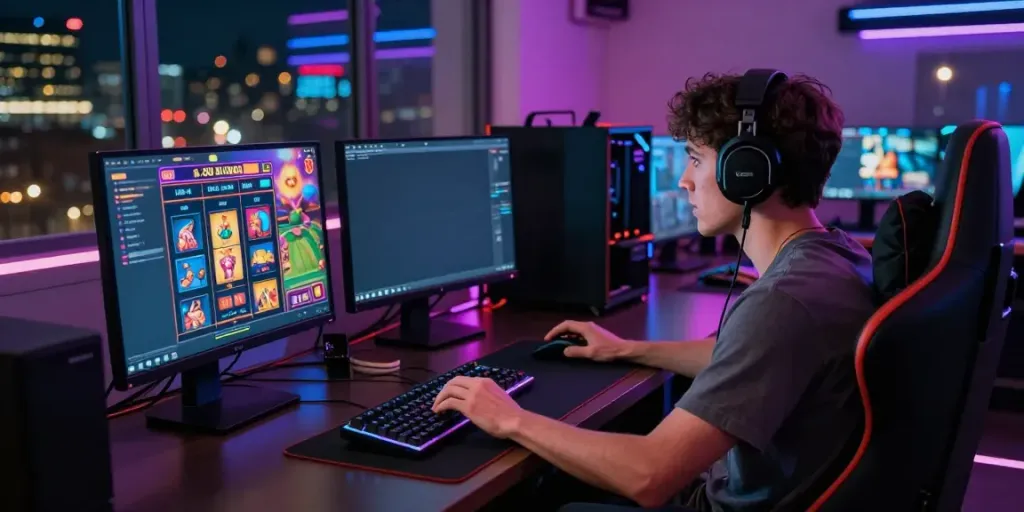 Engaged gamer playing rokok88 slot on a gaming monitor with colorful graphics.