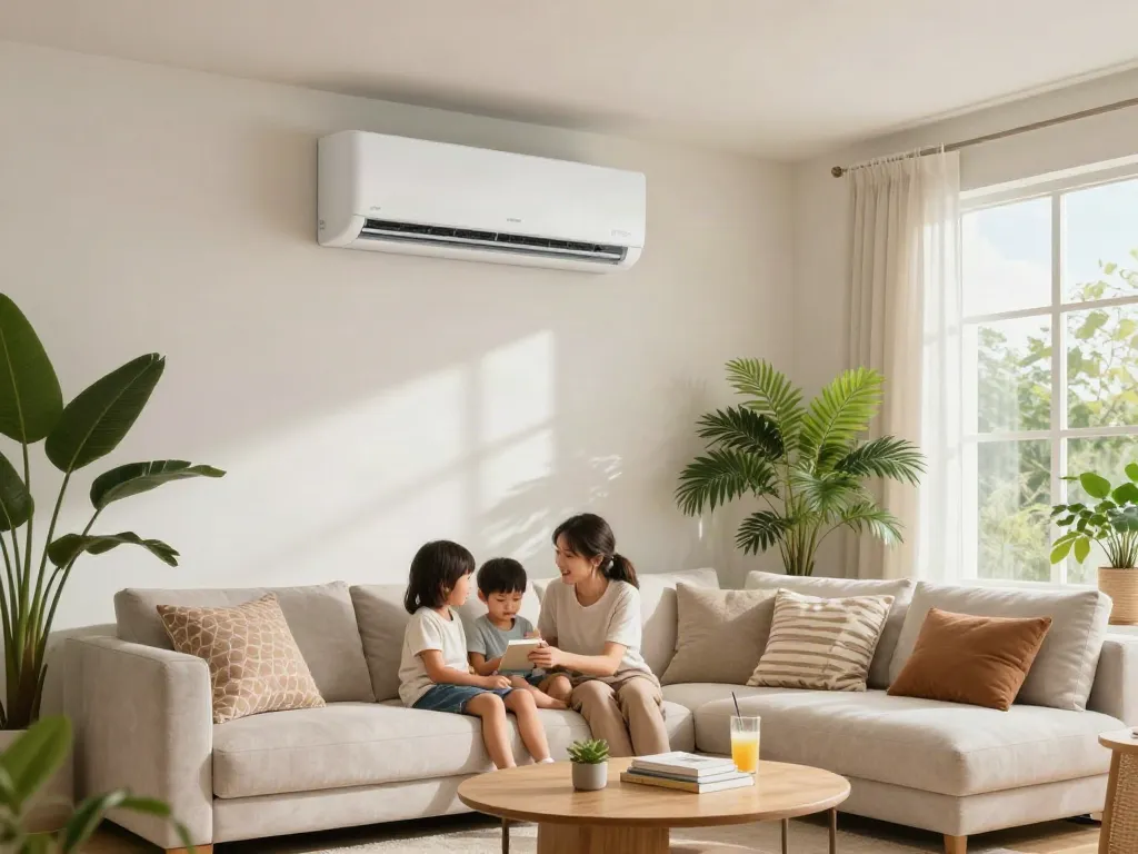 Ductless ac unit in a stylish living room where a family enjoys a cozy atmosphere and natural light.