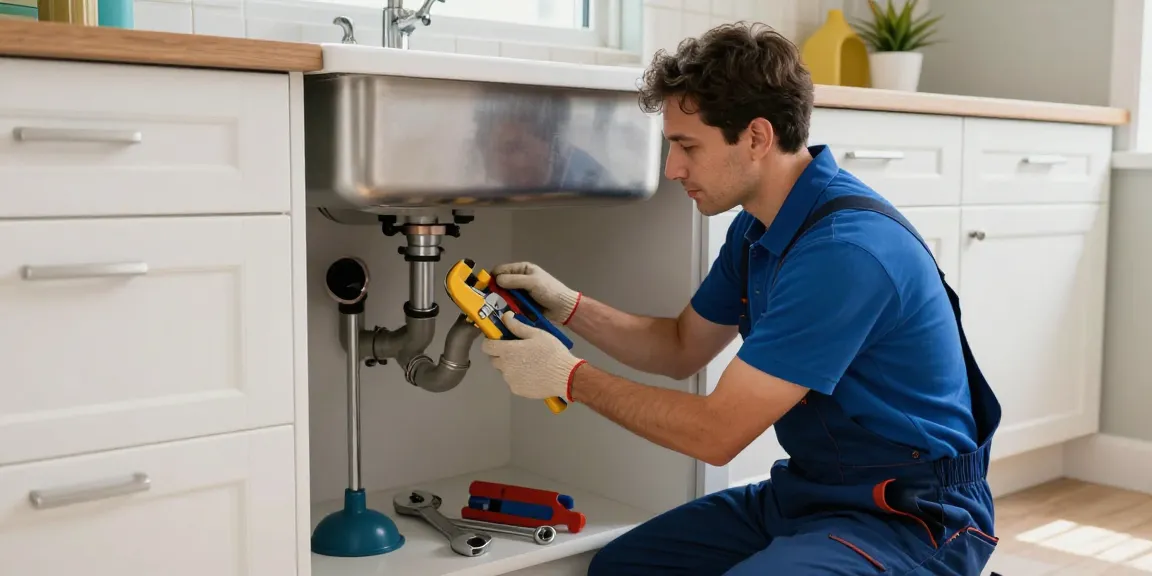 Plumbing services Toronto featuring a skilled plumber inspecting pipes under a kitchen sink with tools in a modern home.
