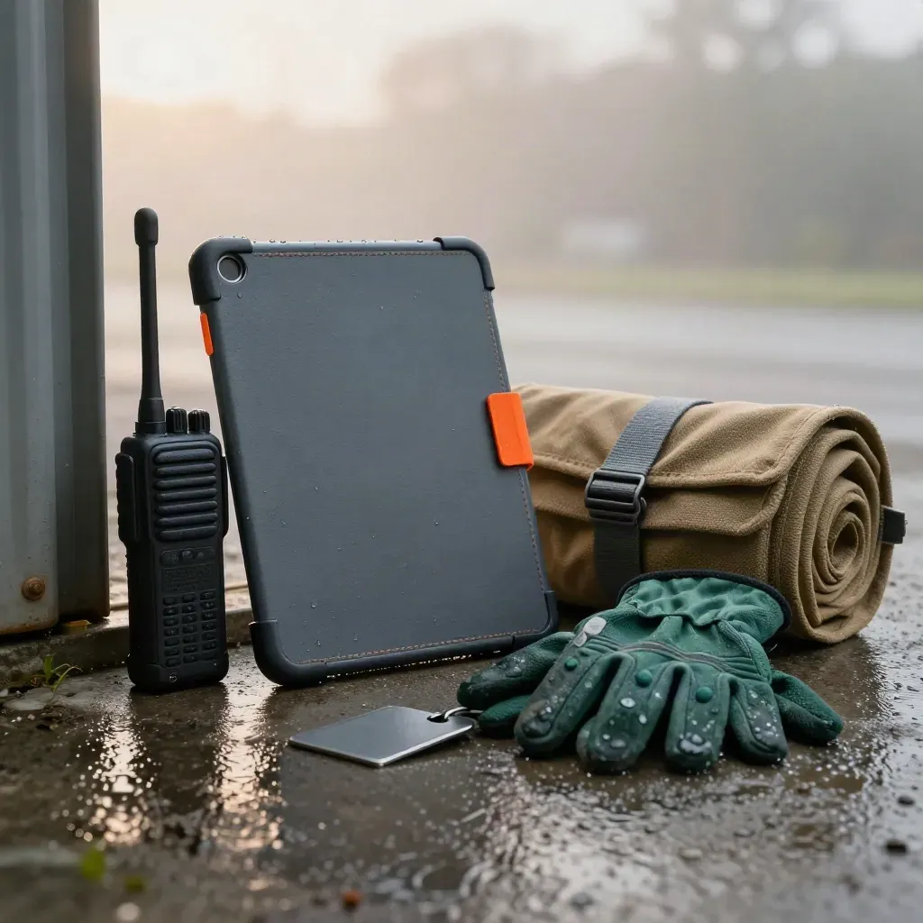 Rain-beaded field service kit with rugged tablet folio, radio, gloves, tags, and utility roll on concrete.
