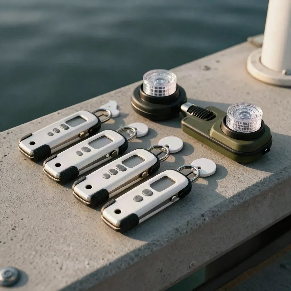 Overhead macro of fleet key fobs, radio charger, beacon case and white route tokens on concrete