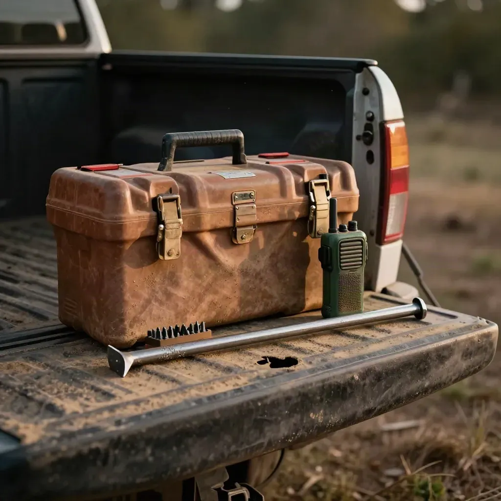 Mud-spattered contractor tools and a jobsite radio on a pickup tailgate in dramatic warm light