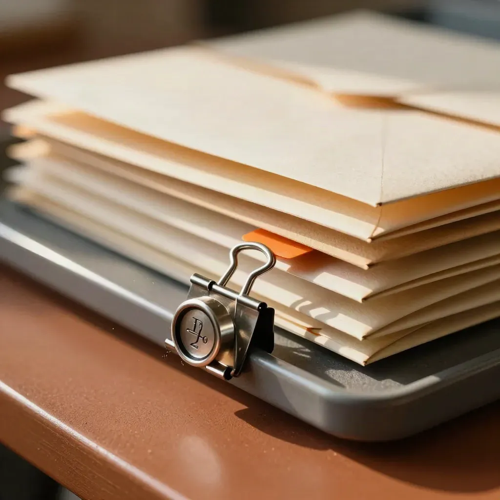 File trays, date stamp, clips and sealed envelopes in warm office light.
