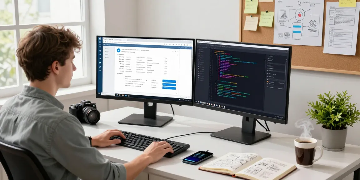 Developer using Telegram Web Version in a modern tech workspace, showcasing coding and application design.