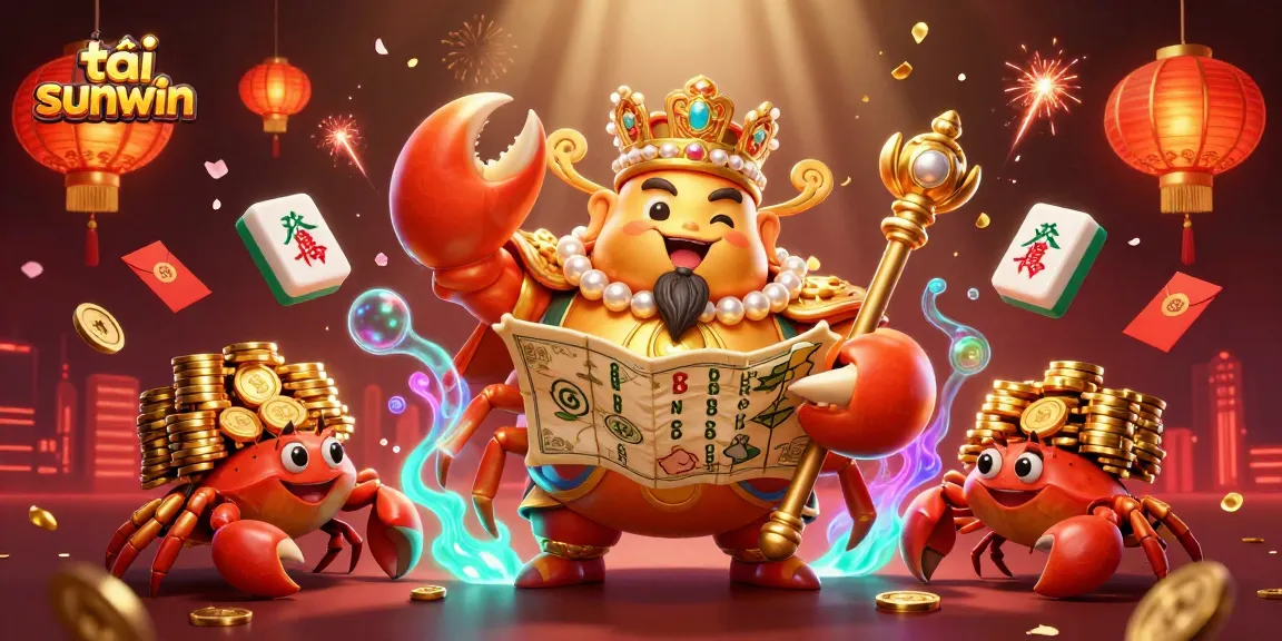 Experience the vibrant fun of tải sunwin with our colorful 3D casino illustration featuring a golden crab emperor and treasure elements.