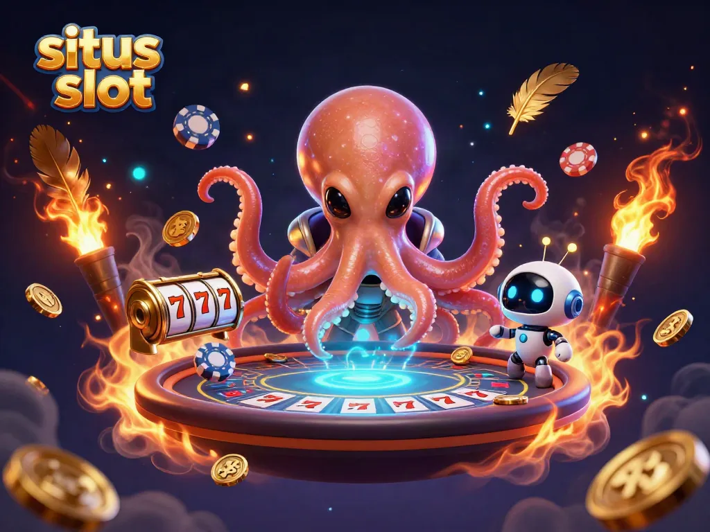 Experience thrilling gaming at situs slot with a whimsical alien octopus in a vibrant casino environment.