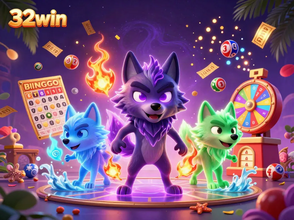 Experience the excitement of 32win with vibrant lottery elements and animated wolf characters bringing casino fun.