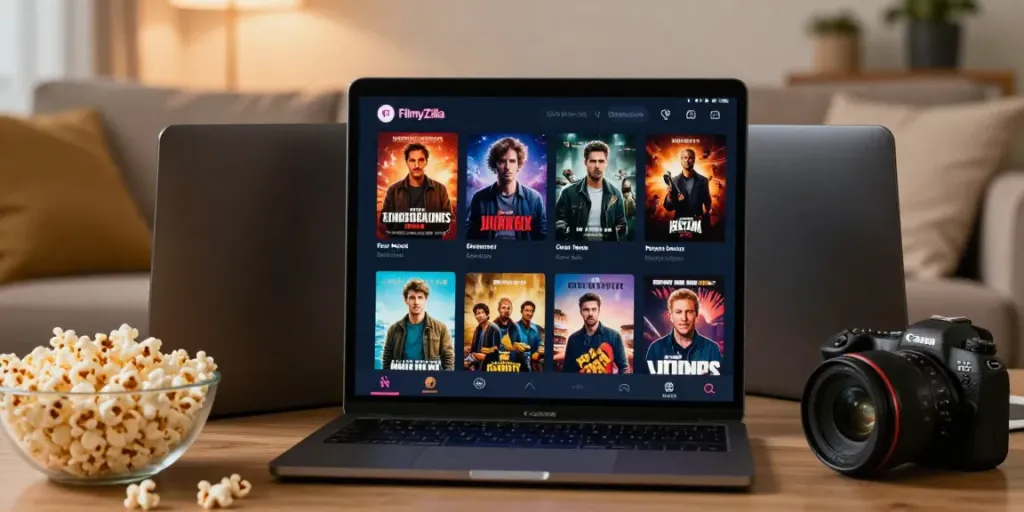 FilmyZilla app interface showcasing movie selection on smartphone in cozy living room.