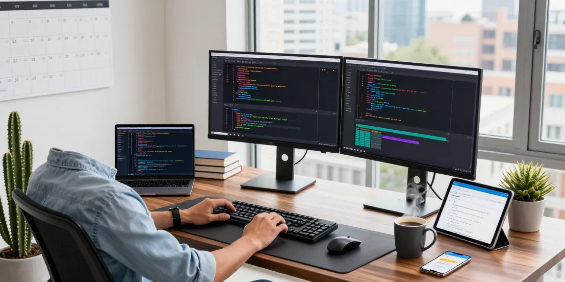 Professional software development workspace highlighting the WPS Official Website with coding monitors and tech tools.